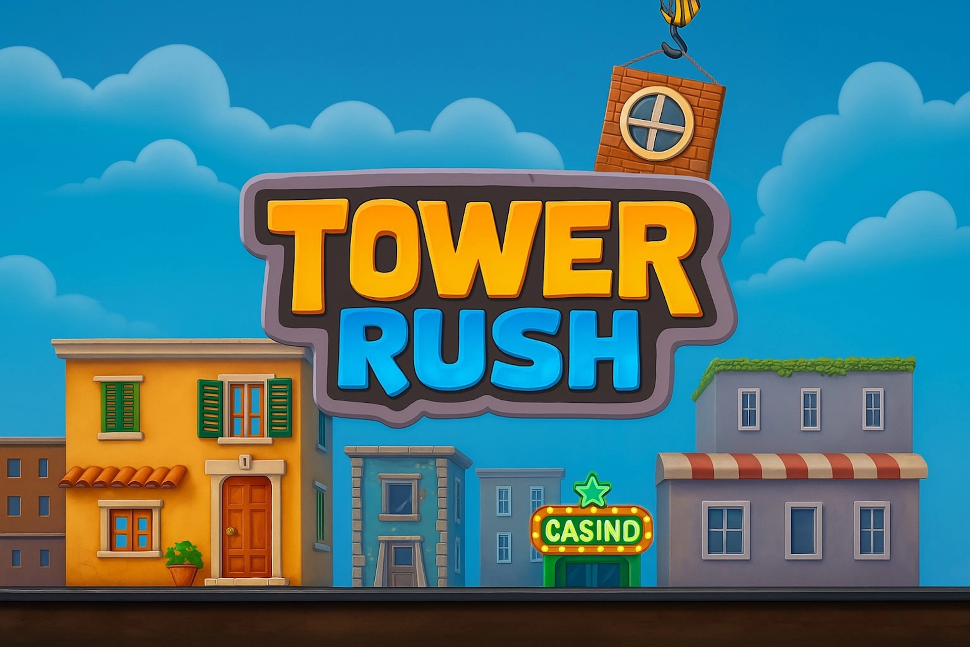 Illustration 2D color&eacute;e du jeu de casino Tower Rush par Galaxsys, avec des b&acirc;timents color&eacute;s, une grue transportant une cabane, et un ciel bleu parsem&eacute; de nuages. Visuel r&eacute;alis&eacute; pour Casinotan.
