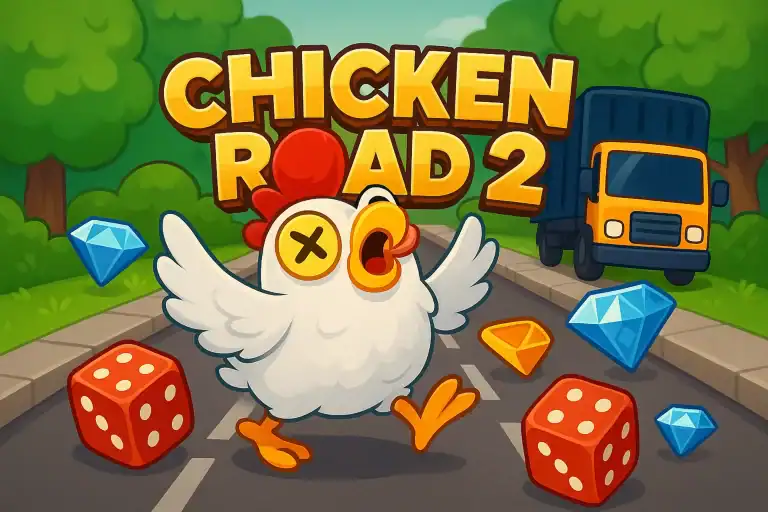 Illustration cartoon colorée du jeu Chicken Road 2 avec une poule traversant une route, texte “CHICKEN ROAD 2” en jaune, camion, dés rouges et diamants bleus, style fun et dynamique pour Casinotan.