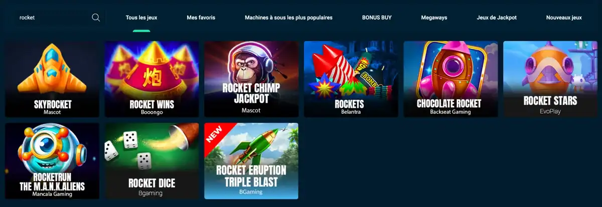 Taper rocket dans la recherche de Rolletto Casino donne 9 jeux à essayer si vous aimez le jeu de la fusée, comme Chocolate Rocket ou Rocket Chimp Jackpot.