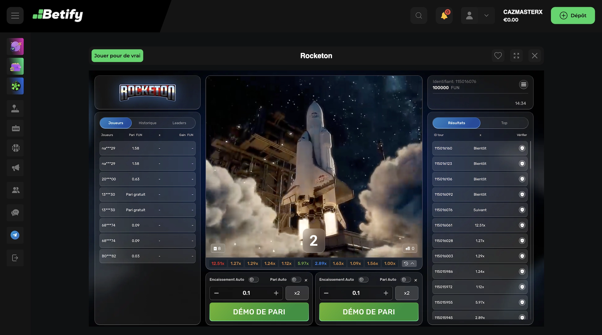 Jeu de la fus&eacute;e Rocketon sur Betify avec lancement immersif et paris en temps r&eacute;el