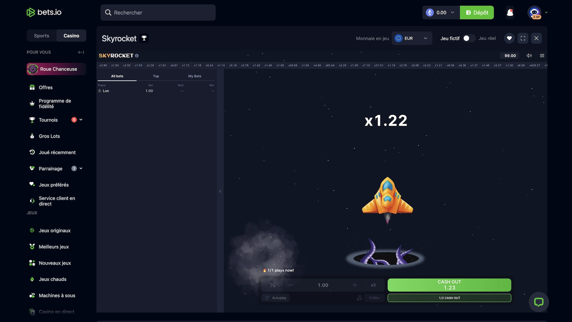 Skyrocket sur Bets.io, version crypto du jeu de la fus&eacute;e avec cashout rapide