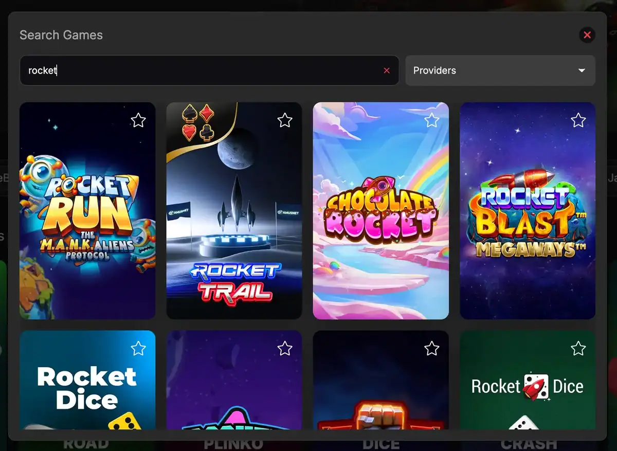 La fenêtre de recherche de Vibebet Casino affiche Rocket Run, Rocket Trail et Chocolate Rocket quand vous tapez rocket pour trouver un jeu de la fusée.