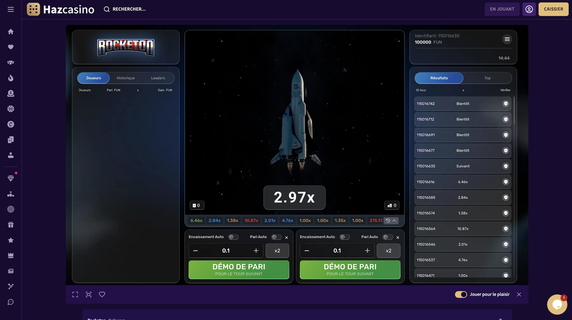 Partie de Rocketon sur Haz Casino avec interface claire et multiplicateurs en direct