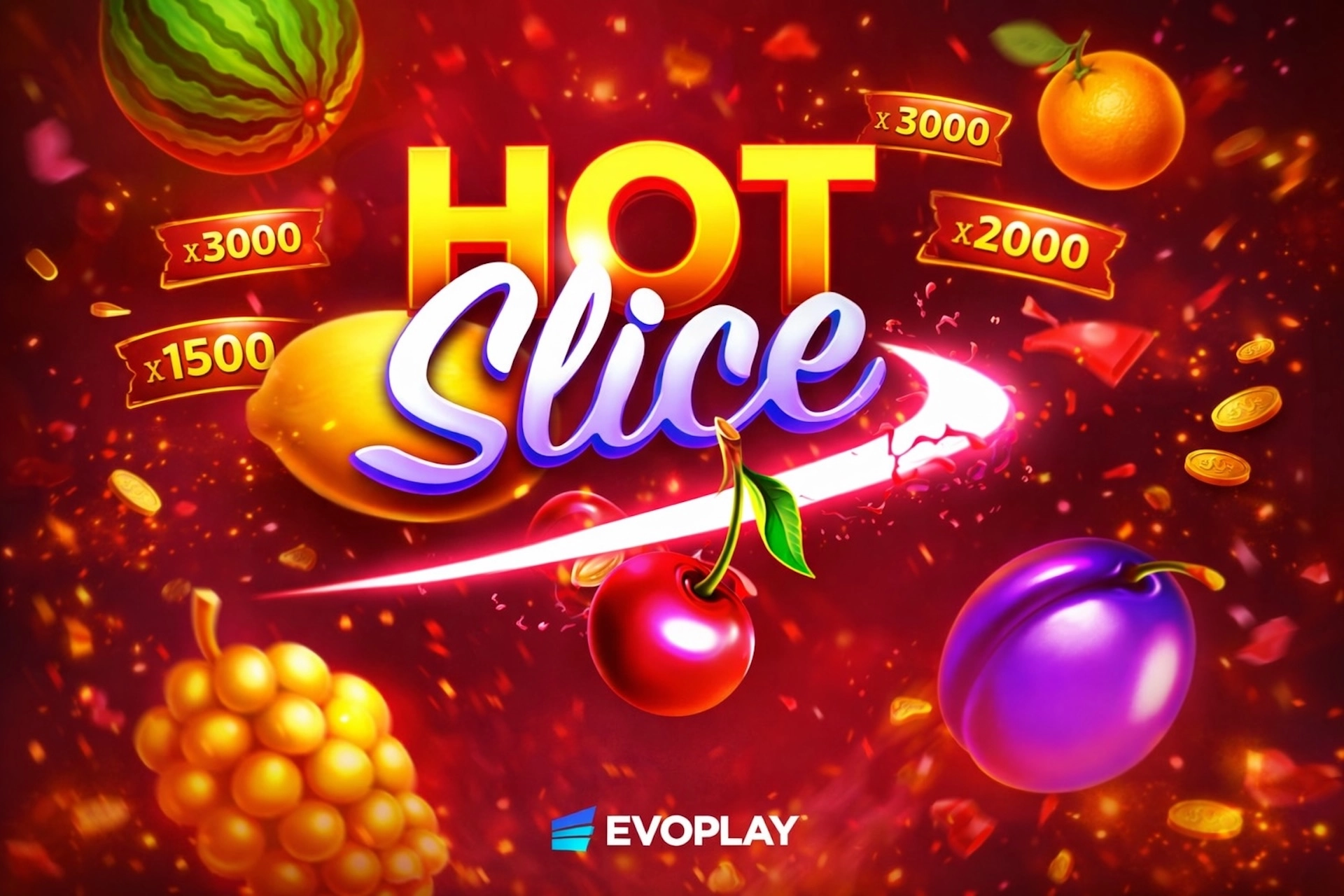 Image de mise en avant du jeu Hot Slice d&rsquo;Evoplay avec des fruits explosifs, des tranches lumineuses et des multiplicateurs enflamm&eacute;s sur fond rouge intense, dans un style cartoon pour Casinotan