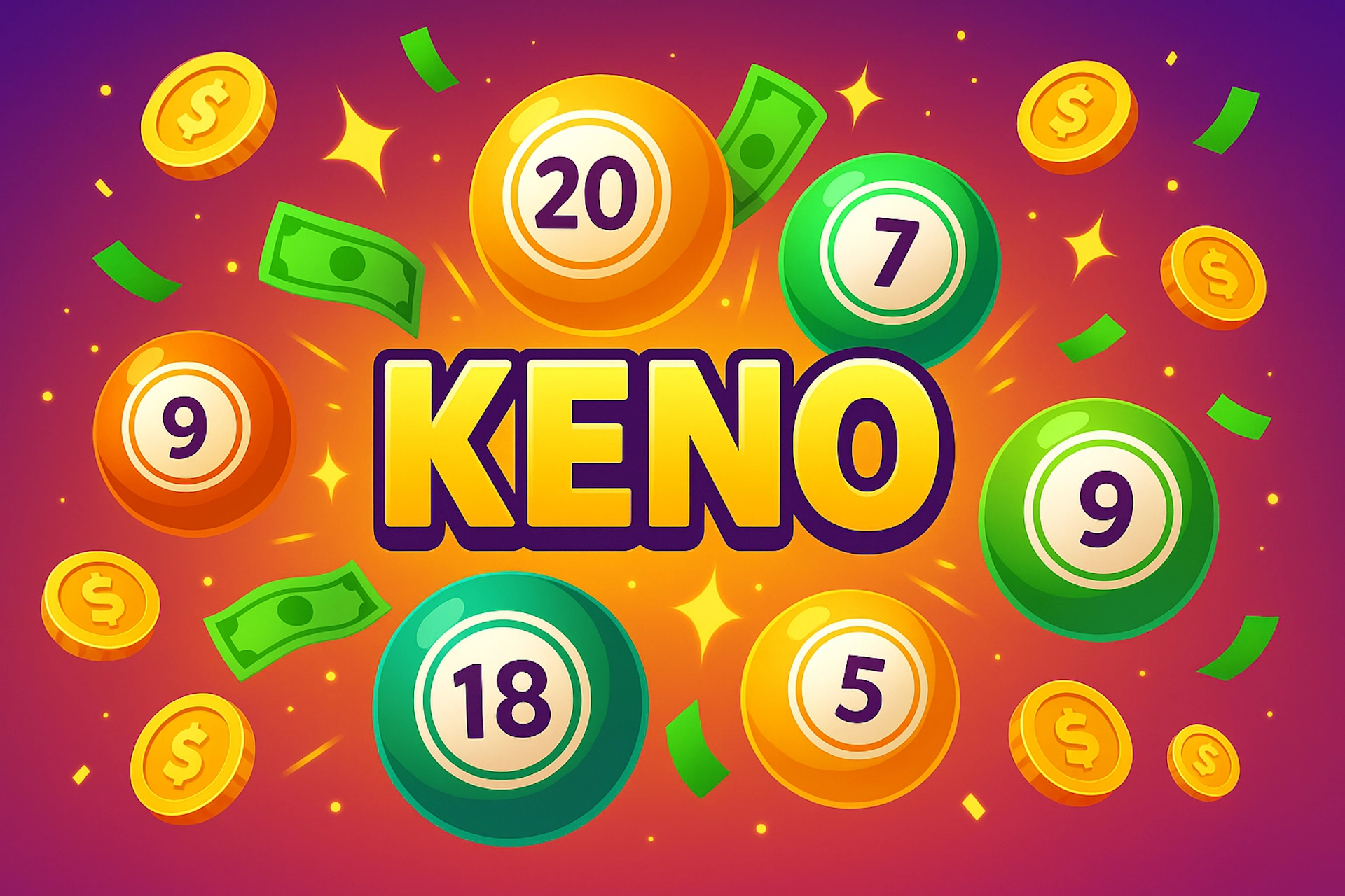 Illustration cartoon style Casinotan du jeu Keno avec boules num&eacute;rot&eacute;es, pi&egrave;ces dor&eacute;es et billets verts, texte centr&eacute; &ldquo;KENO&rdquo; en jaune avec ombrage sur fond d&eacute;grad&eacute; violet-orange dynamique.