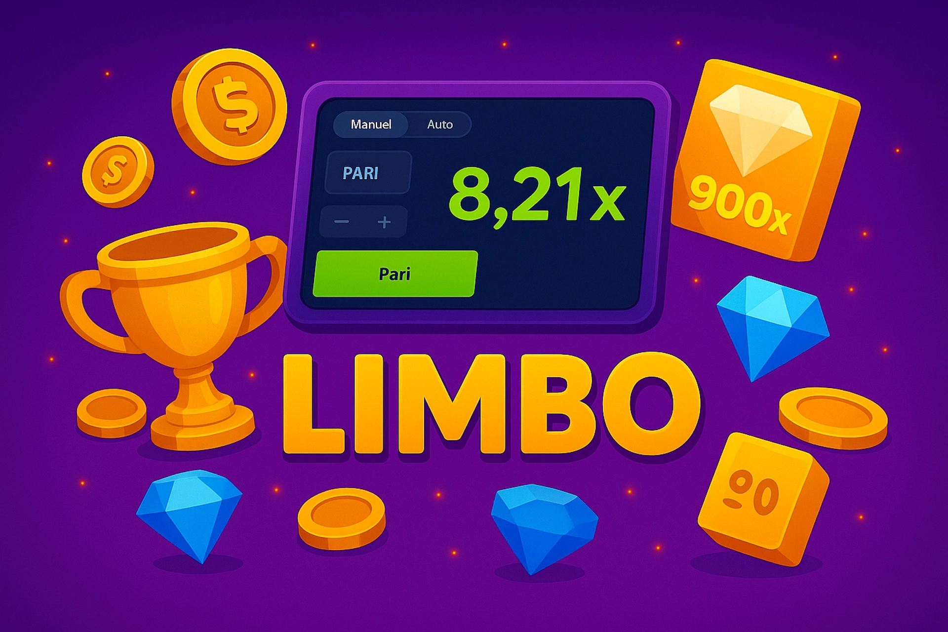Illustration cartoon color&eacute;e du jeu de casino Limbo avec texte centr&eacute; &ldquo;LIMBO&rdquo;, &eacute;cran affichant 8,21x en fran&ccedil;ais, troph&eacute;e, pi&egrave;ces, diamants et cube 900x, sur fond violet dynamique pour Casinotan.