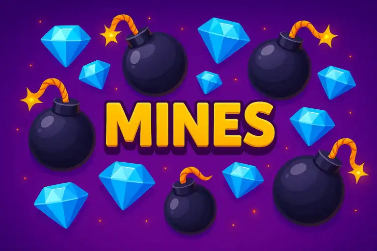 Illustration cartoon colorée du jeu de casino Mines avec plusieurs bombes noires et diamants bleus, texte “MINES” en jaune au centre sur fond violet rempli d’éléments, style fun et dynamique pour Casinotan.