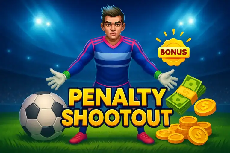 Illustration cartoon du jeu Penalty Shootout avec gardien de but, ballon de football, piles de billets, pièces dorées et icône bonus, texte “PENALTY SHOOTOUT” en jaune sur fond de stade illuminé, style fun et dynamique pour Casinotan.