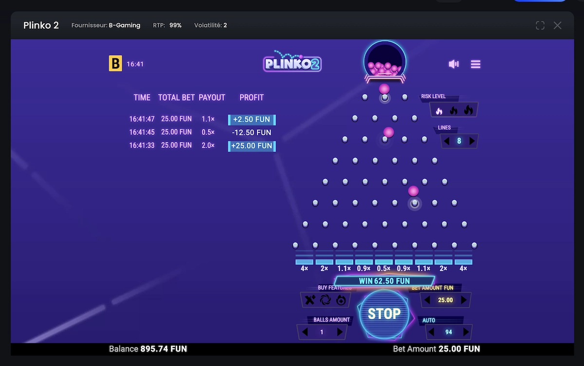 jeu Plinko 2 sur Monacojack casino