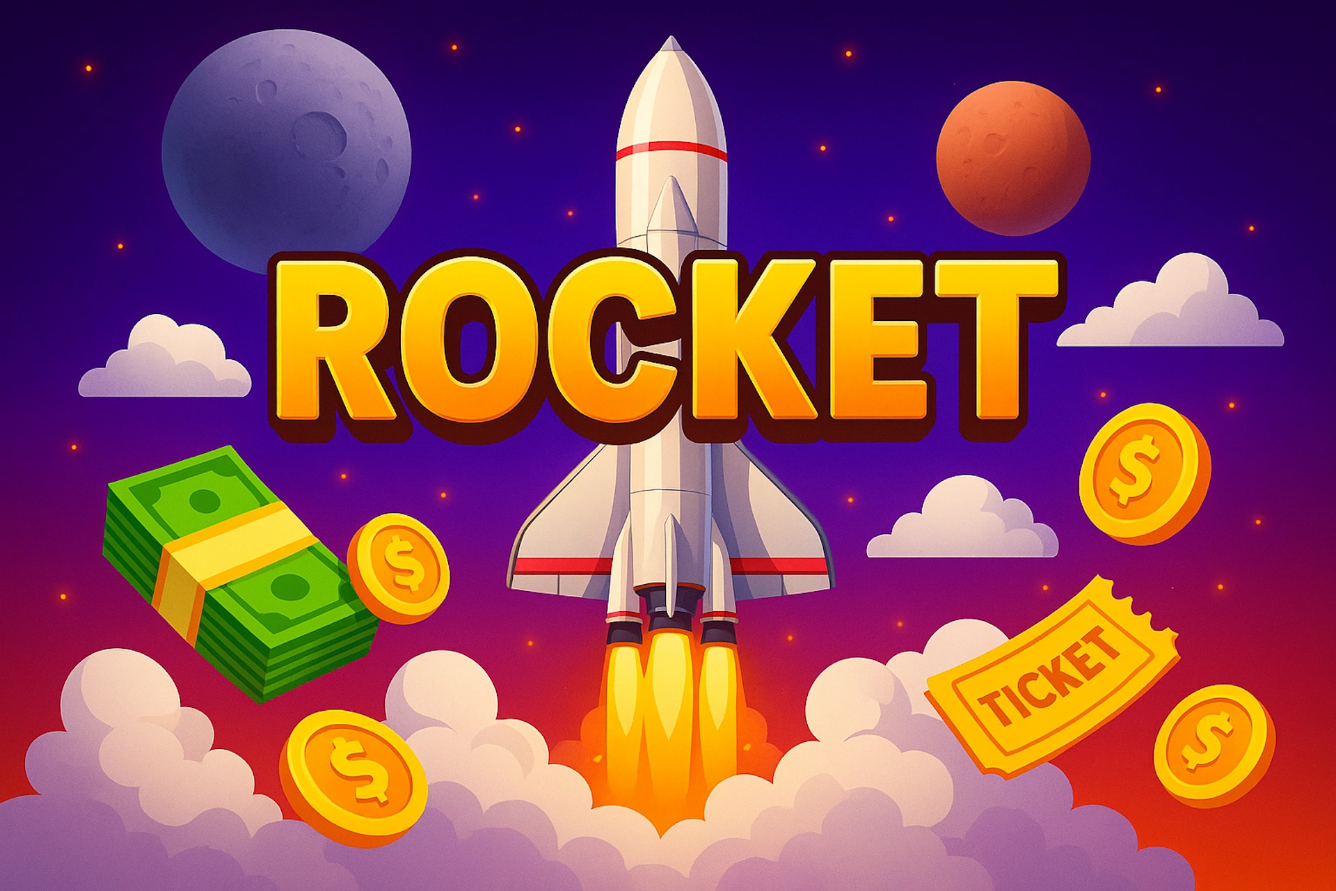 Illustration cartoon du jeu Rocket avec fus&eacute;e blanche et rouge d&eacute;collant dans l&rsquo;espace, texte centr&eacute; &ldquo;ROCKET&rdquo; en jaune avec ombrage, piles de billets, pi&egrave;ces dor&eacute;es et ticket, fond spatial avec plan&egrave;tes et nuages pour Casinotan.