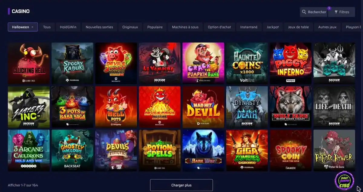 La catégorie Halloween du casino Betory et ses 164 jeux sur le thème, comme Le Vampire et Crack the Pumpkin Bank.