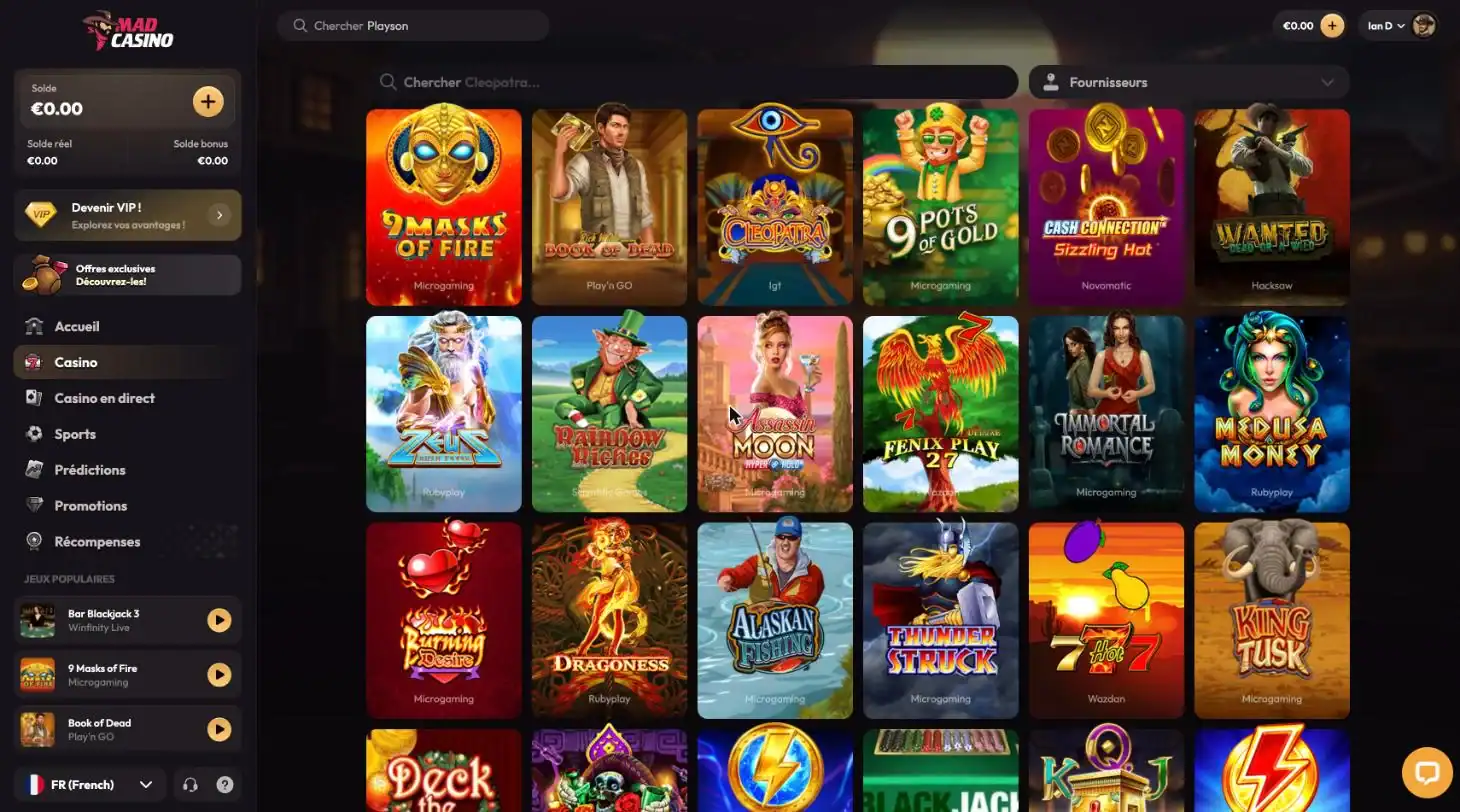 Catalogue de machines à sous de MadCasino avec des milliers de jeux comme Book of Dead, Cleopatra et 9 Masks of Fire.