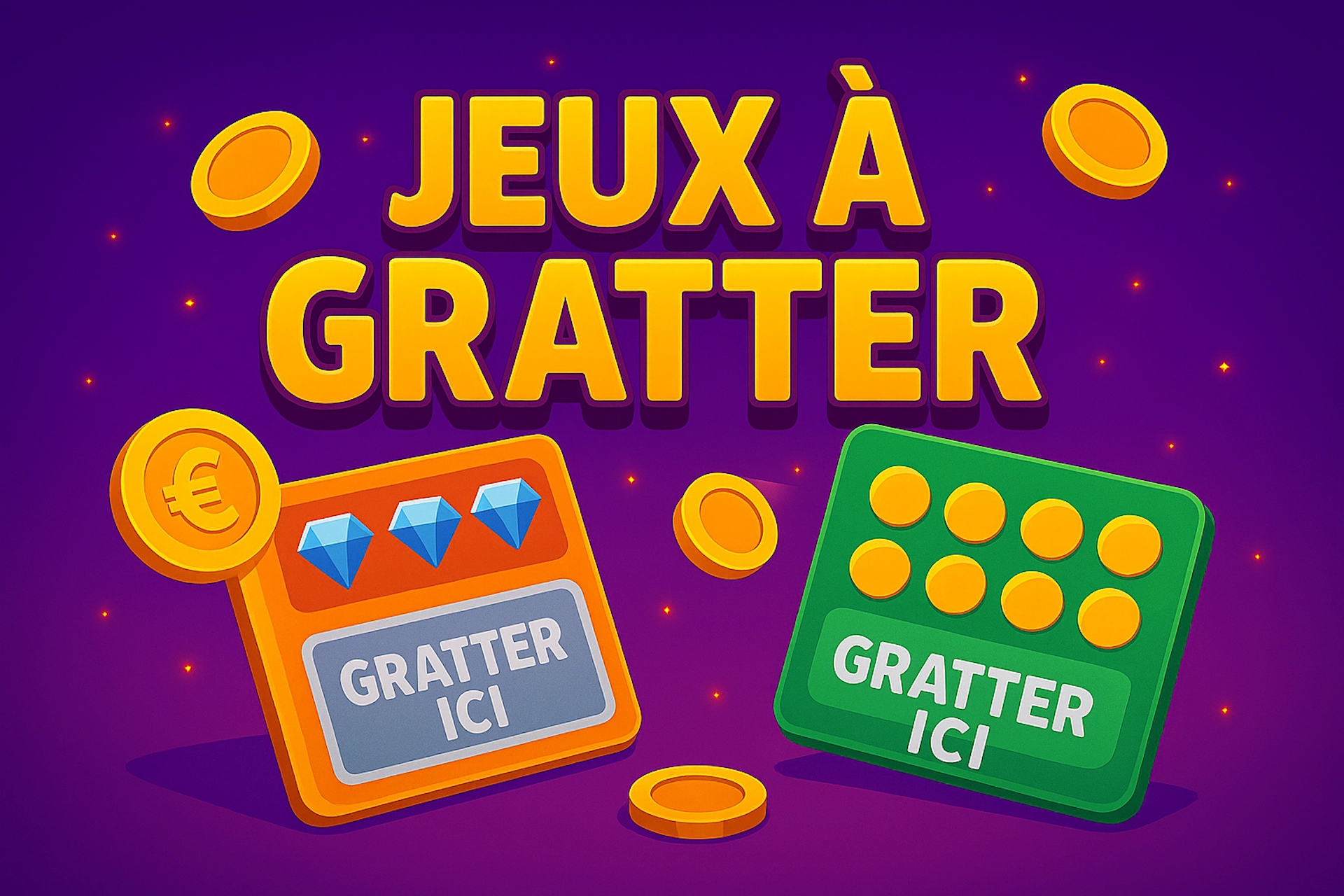 Illustration cartoon colorée avec deux cartes à gratter affichant des diamants et des pièces, texte “JEUX À GRATTER” en jaune sur fond violet, style fun et dynamique pour Casinotan.