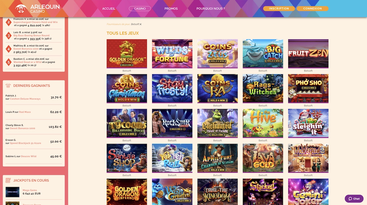 jeux de Betsoft Gaming sur Arlequin Casino