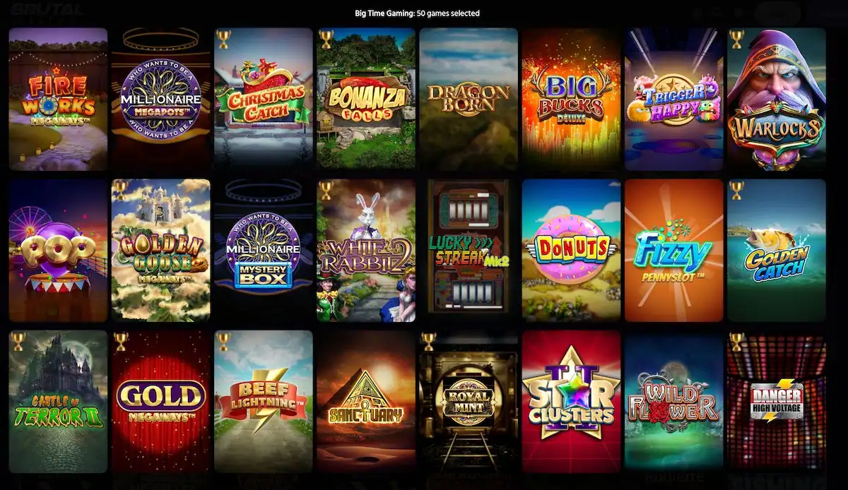 Bibliothèque de jeux Big Time Gaming sur Brutal Casino avec 50 titres disponibles dont Bonanza, Fireworks Megaways, White Rabbit 2, Danger High Voltage et Gold Megaways