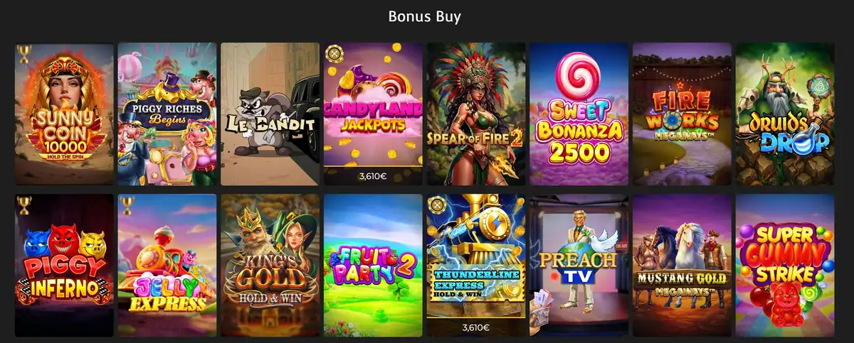 Sélection de jeux Bonus Buy sur Casino Extra avec des titres comme Sweet Bonanza 2500, Le Bandit, Candyland Jackpots, Fireworks Megaways, Mustang Gold Megaways et Super Gummy Strike