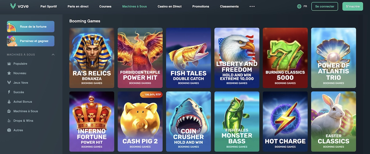 catalogue de jeux Booming Games sur Vave Casino