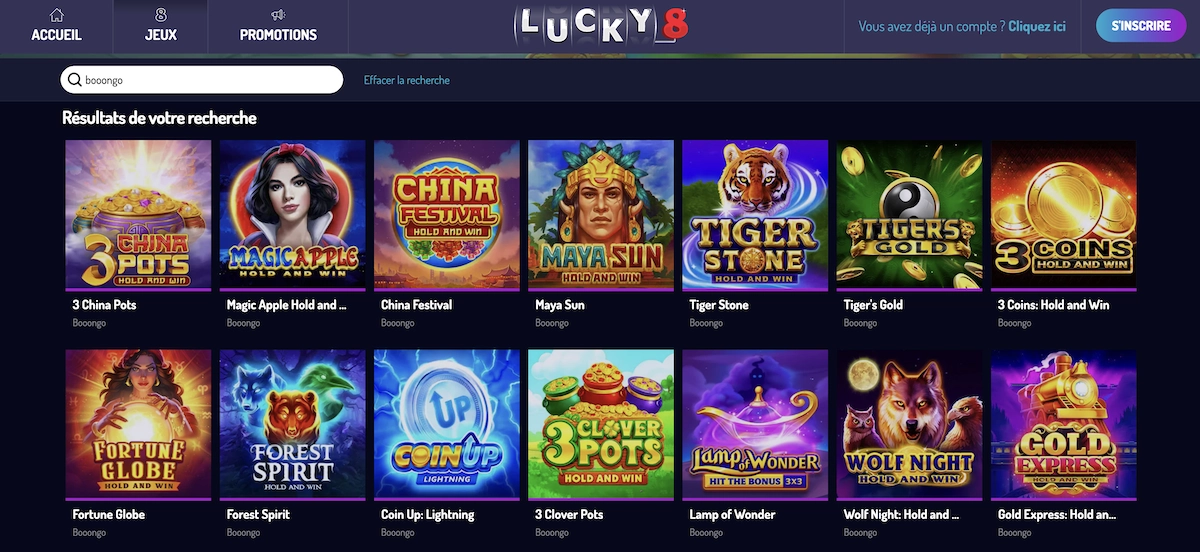 jeux Booongo Gaming sur Lucky8 casino
