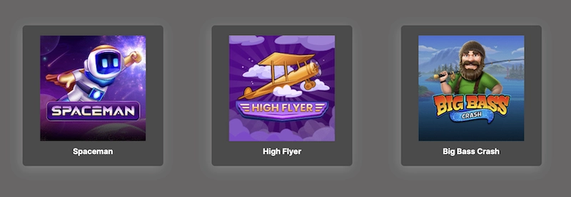 S&eacute;lection de jeux crash sur VODDS Casino avec les titres Spaceman, High Flyer et Big Bass Crash affich&eacute;s en vignettes.
