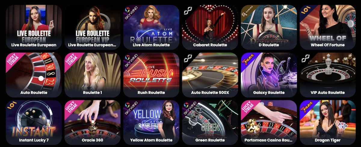Sélection de jeux de casino en direct sur Cosmobet Casino comprenant plusieurs variantes de roulette live et Dragon Tiger