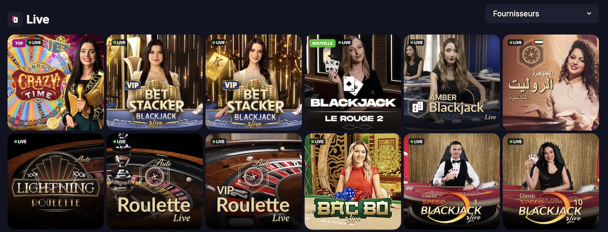 Interface du casino live de Betsio Casino montrant Crazy Time, blackjack live, roulette live et Bac Bo avec croupiers en direct