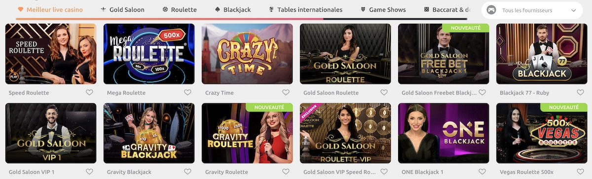 selection de jeux de casino live sur le site Cadoola
