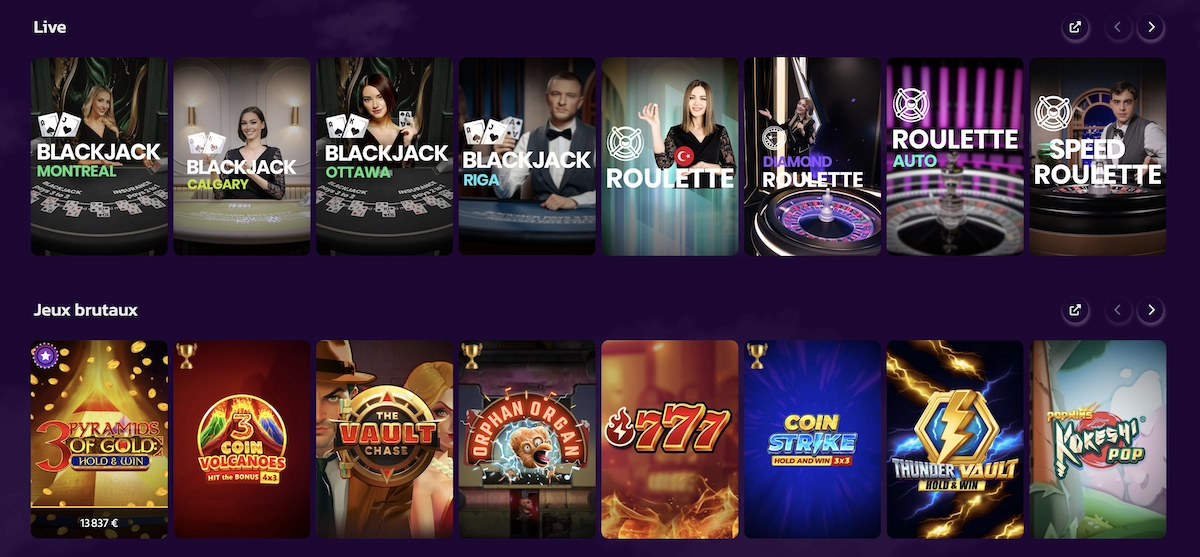 Aper&ccedil;u des jeux live et mini-jeux sur Brutal Casino avec Blackjack Montr&eacute;al, Roulette Auto, Orphan Organ et Coin Strike.