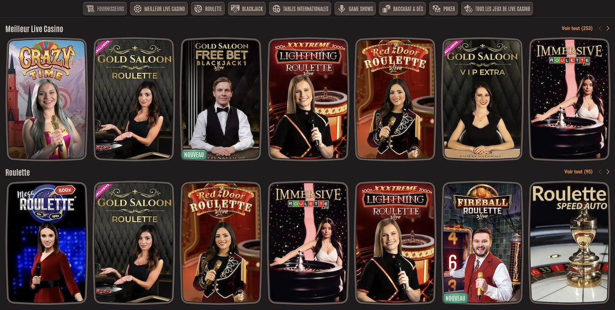 Jeux de live casino Neon54 avec roulettes, blackjack et game shows anim&eacute;s par croupiers en direct