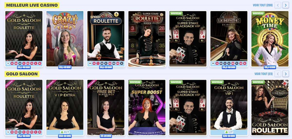 Section du live casino OnlySpins Casino avec tables de roulette, blackjack et croupiers en direct