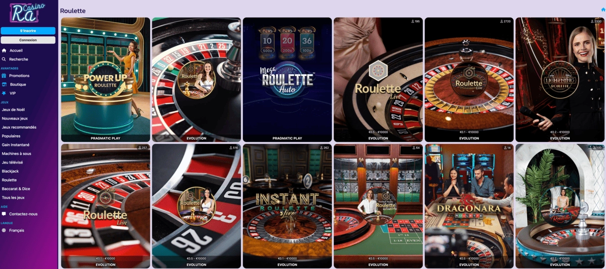 catalogue de jeux de casino live sur Ra Casino