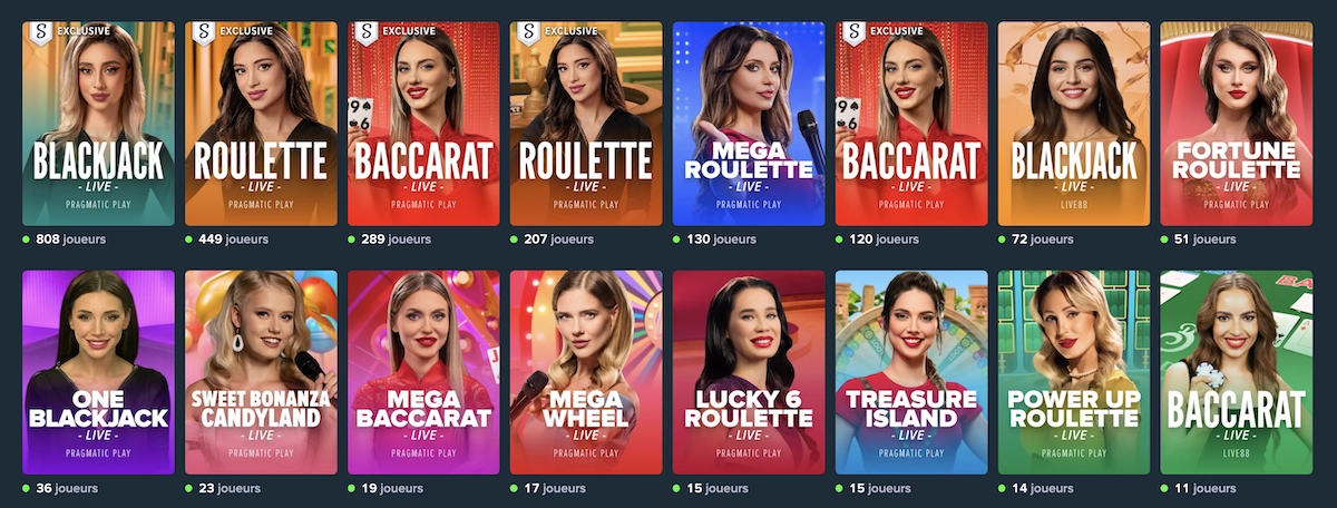 S&eacute;lection de jeux de casino en direct sur Stake incluant blackjack, roulette, baccarat et jeux t&eacute;l&eacute;vis&eacute;s exclusifs