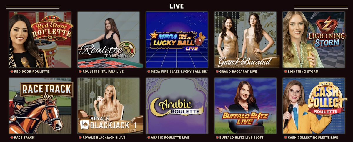 Aper&ccedil;u du casino live de Tropezia Palace avec des jeux populaires comme Red Door Roulette, Grand Baccarat Live et Buffalo Blitz Live