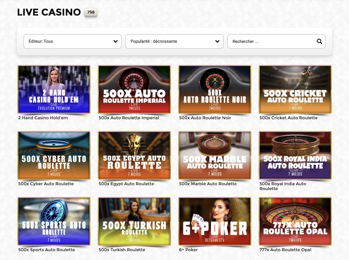 Page du casino live de Win Unique Casino montrant plusieurs tables de roulette et poker en direct