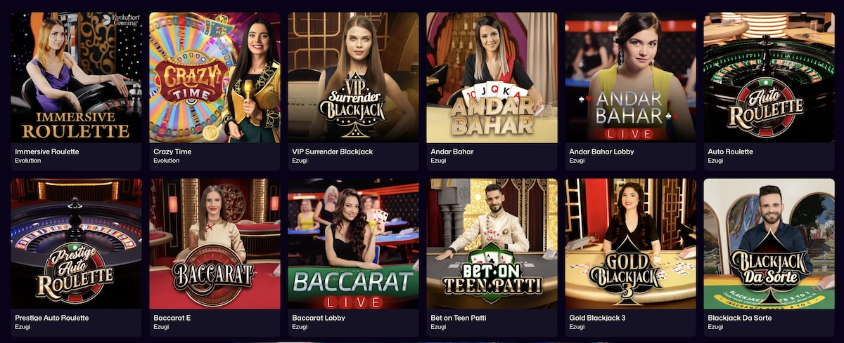 Page des jeux de casino en direct sur WinBeast Casino affichant des tables de roulette, blackjack et baccarat avec croupiers en live