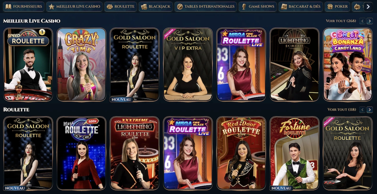 Section casino en direct de Wonderluck Casino avec jeux de roulette, Crazy Time et Sweet Bonanza Candyland en avant