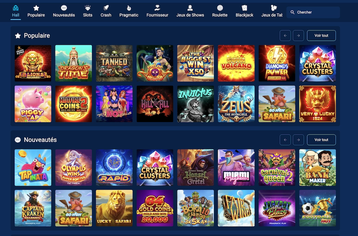 Catalogue de jeux de casino Maxwin avec slots populaires, nouveaut&eacute;s et cat&eacute;gories visibles dans le menu
