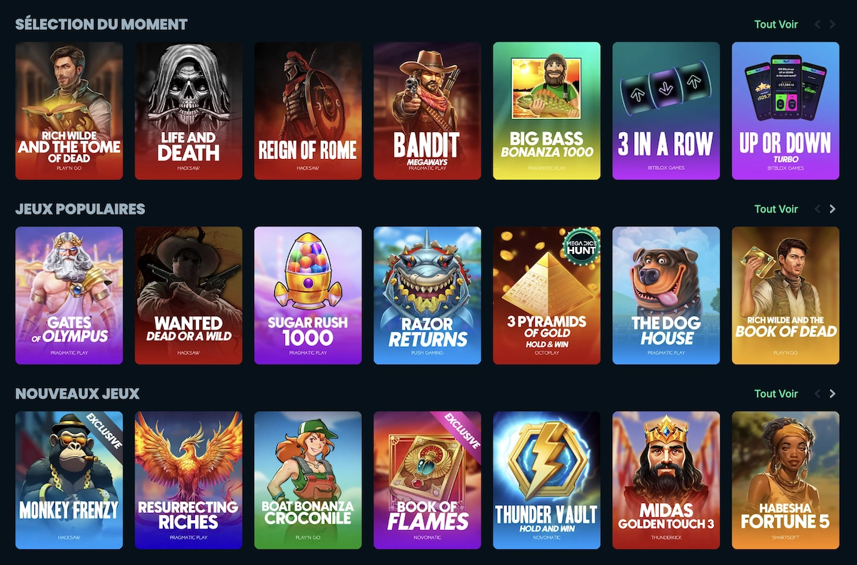 jeux disponibles sur le casino en ligne Mega Dice