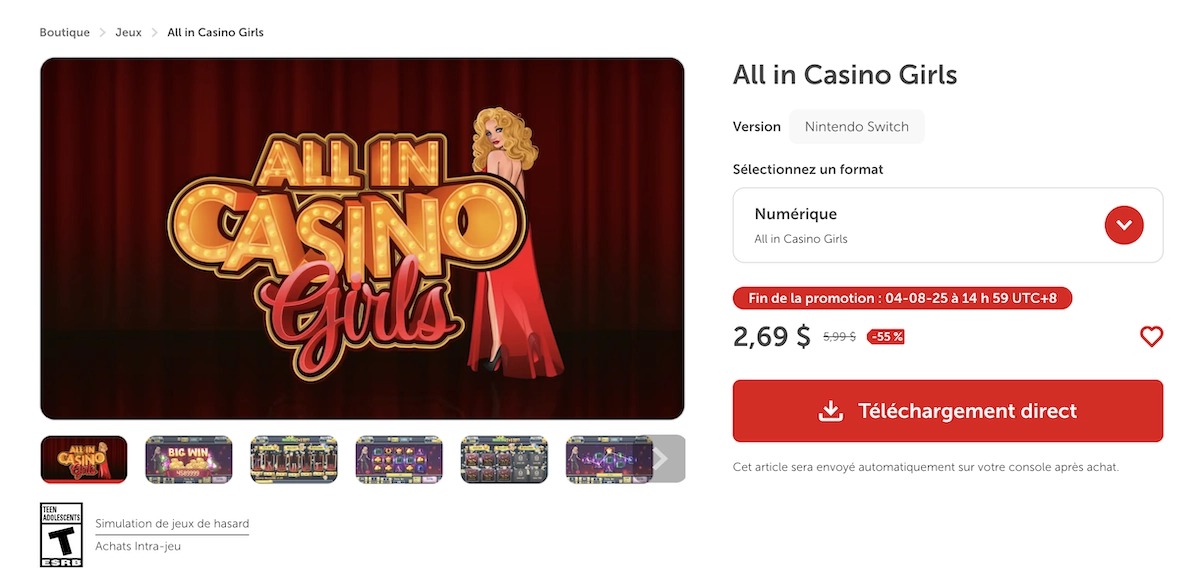 Capture d'&eacute;cran du jeu All in Casino Girls sur Nintendo Switch, machines &agrave; sous avec personnages f&eacute;minins et jackpots