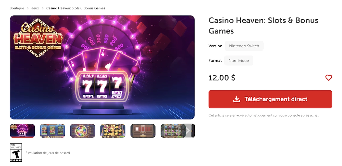Capture d'&eacute;cran du jeu Casino Heaven: Slots & Bonus Games sur Nintendo Switch, avec machine &agrave; sous 777 et roue bonus lumineuse