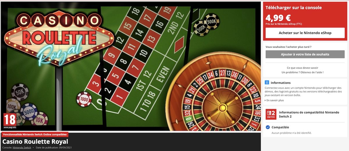 Capture d'&eacute;cran du jeu Casino Roulette Royal sur Nintendo Switch, table de roulette avec jetons de casino