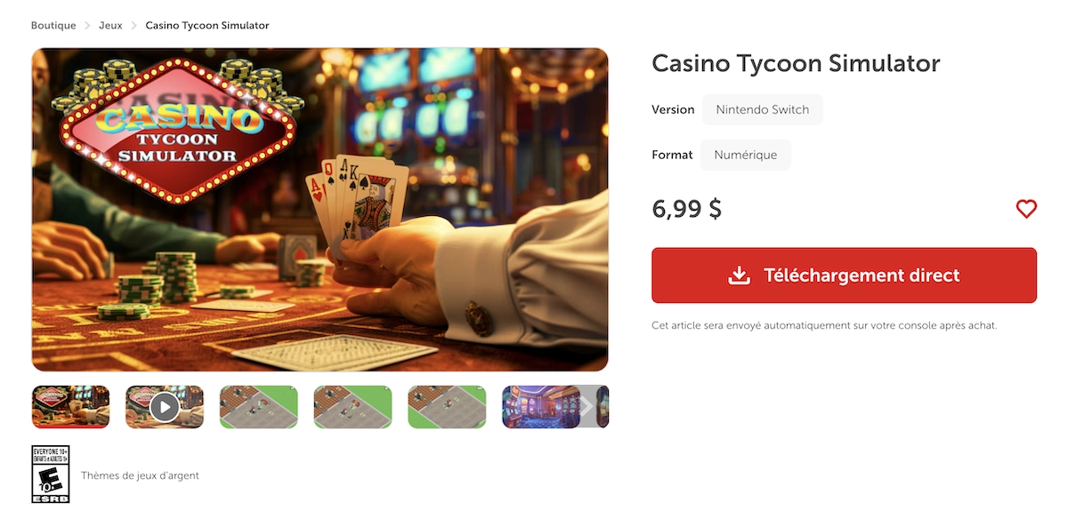 Capture d'&eacute;cran du jeu Casino Tycoon Simulator sur Nintendo Switch, gestion d'un casino avec table de poker et jetons"