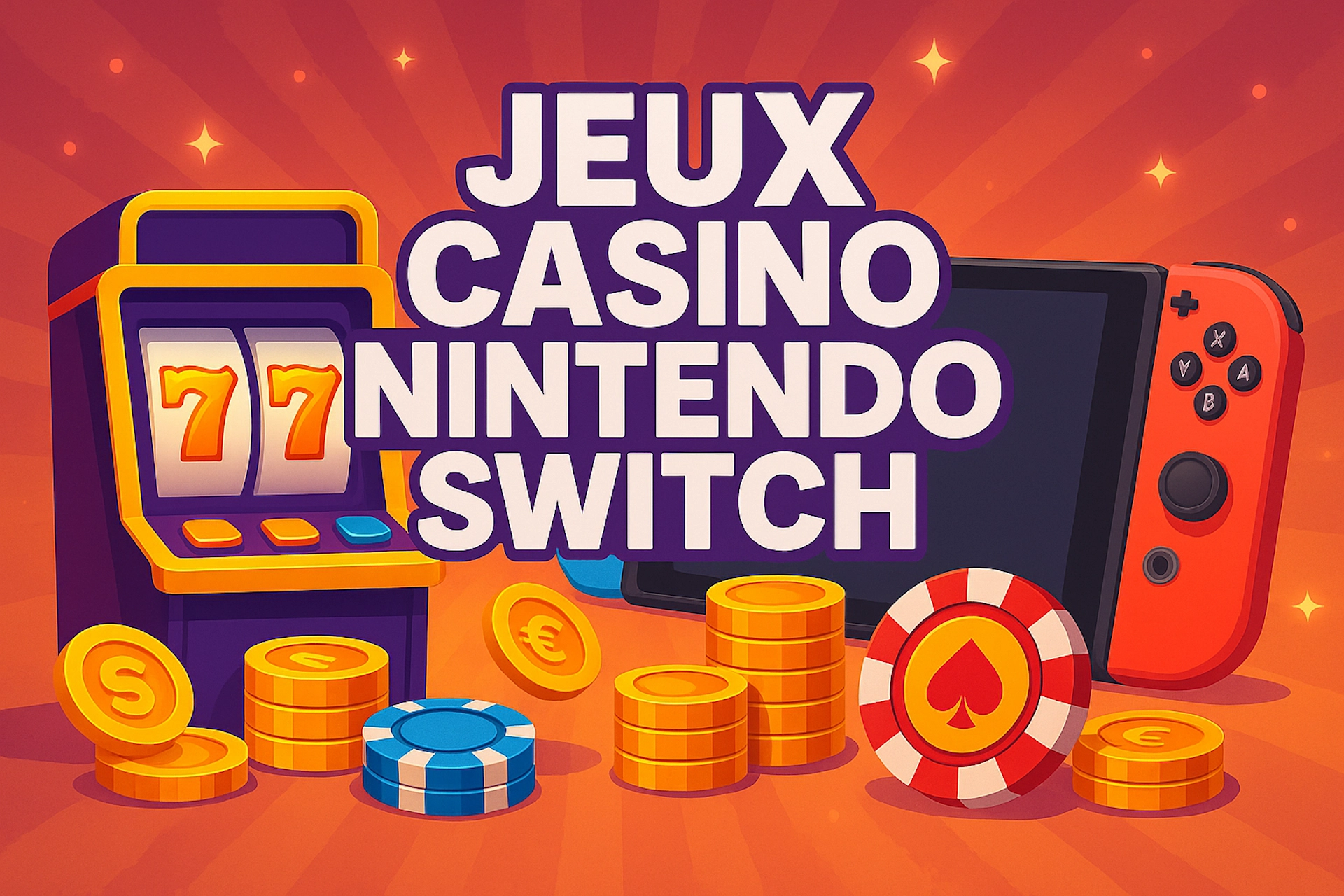Illustration JEUX CASINO NINTENDO SWITCH style cartoon coloré avec machine à sous complète, console Nintendo Switch, jetons et pièces en euro