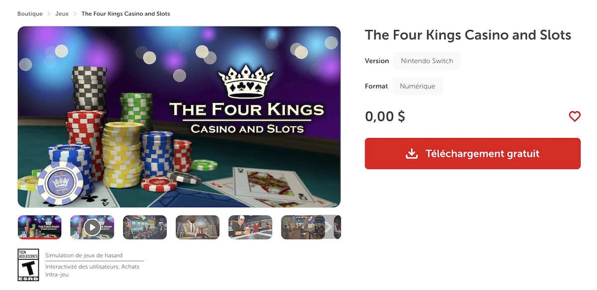 Capture d'&eacute;cran du jeu The Four Kings Casino and Slots sur Nintendo Switch, simulation de casino multijoueur avec poker, blackjack et machines &agrave; sous