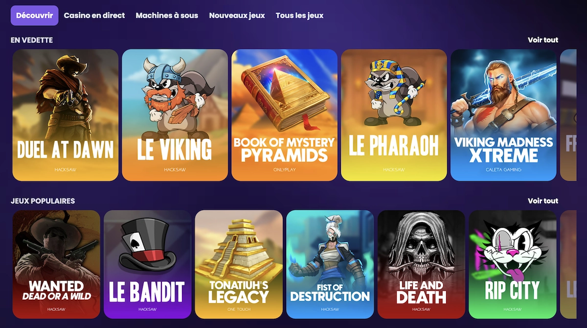 S&eacute;lection de machines &agrave; sous sur No KYC Casino incluant Wanted Dead or a Wild, RIP City et Book of Mystery Pyramids