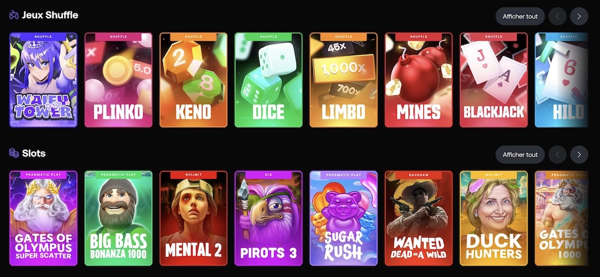 les diff&eacute;rents jeux de casino disponibles sur Shuffle.com