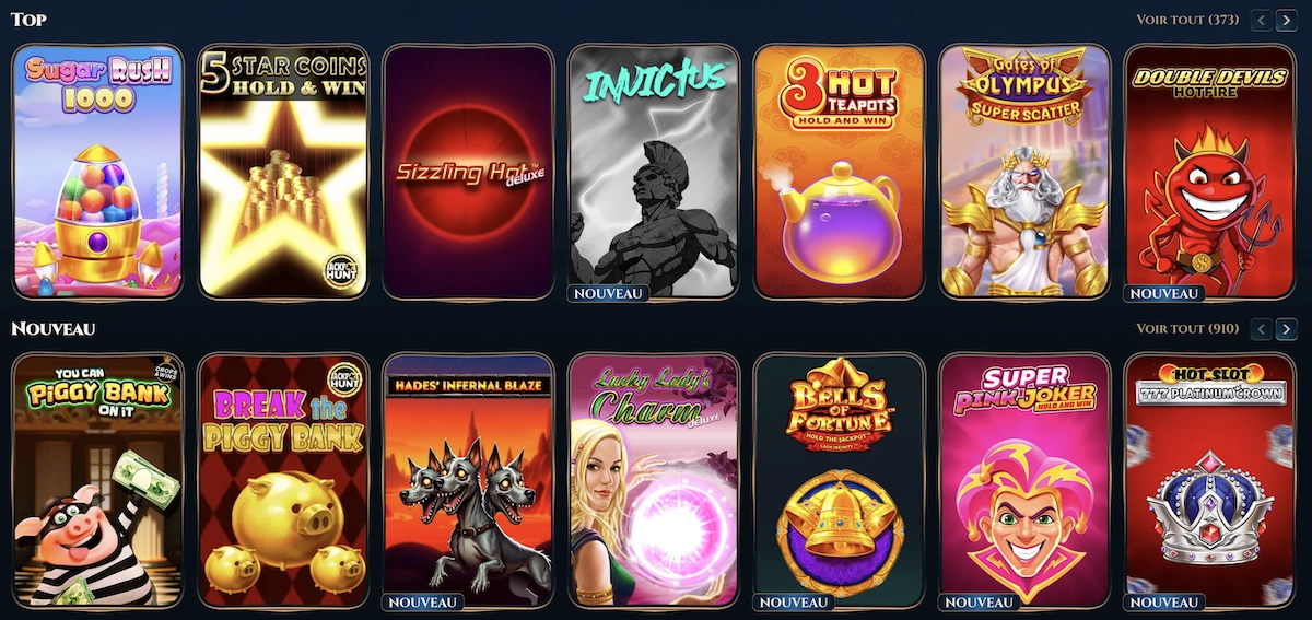 S&eacute;lection de machines &agrave; sous populaires et nouvelles sur Wonderluck Casino avec titres comme Sugar Rush 1000 et Gates of Olympus