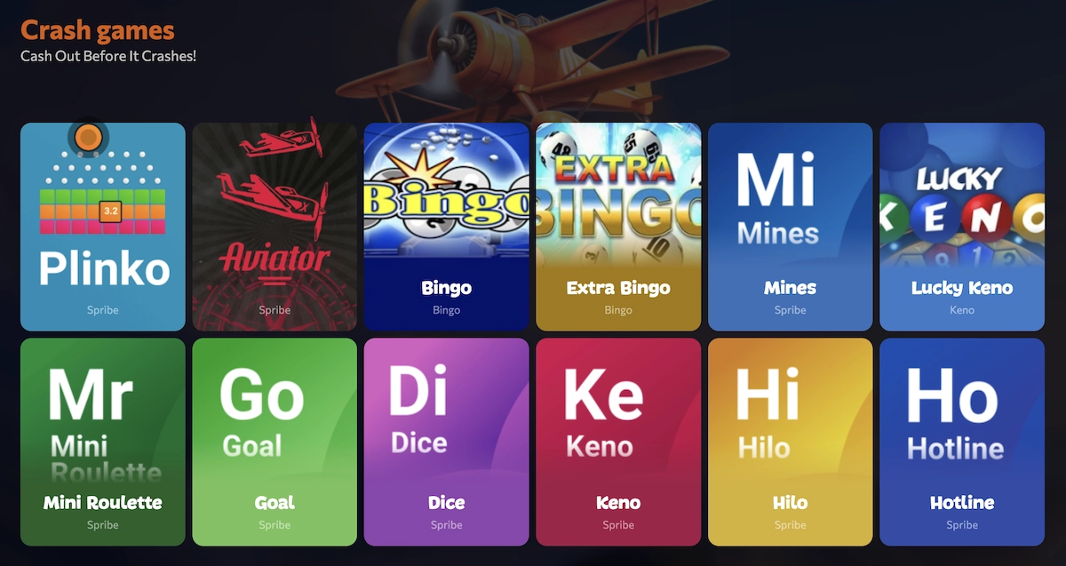 Page des “Crash Games” sur Aphrodite Casino avec Plinko, Aviator, Bingo et d’autres mini-jeux interactifs.