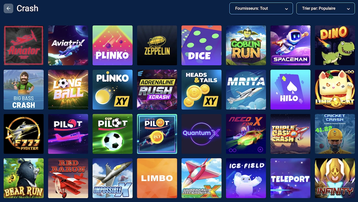 S&eacute;lection de jeux crash sur Maxwin Casino incluant Aviator, Plinko, Goblin Run et Spaceman