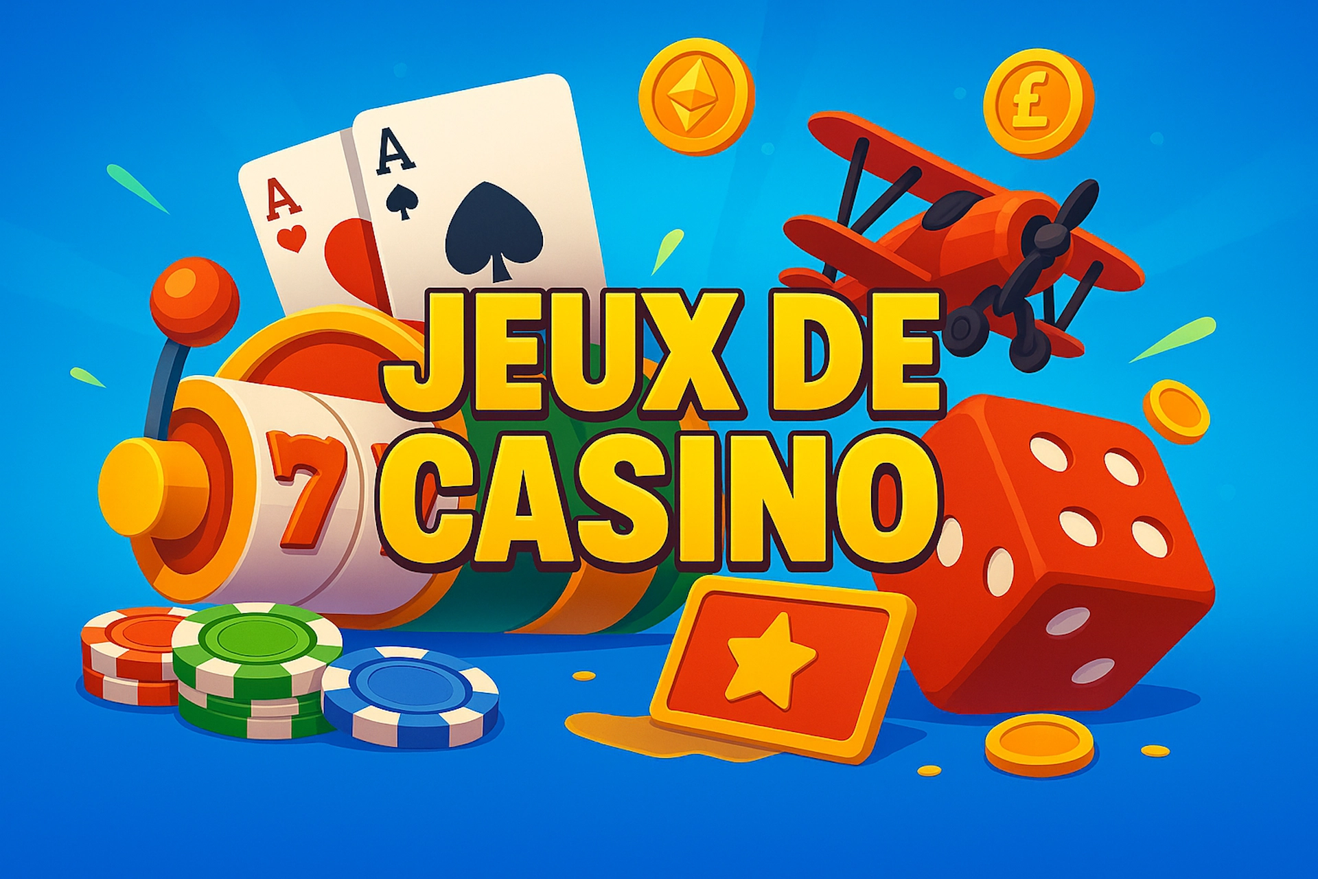 Illustration en format 3:2 sur fond bleu avec gros texte JEUX DE CASINO en jaune, entour&eacute; de symboles de machines &agrave; sous, cartes, jetons et pi&egrave;ces. Cr&eacute;ation pour Casinotan.