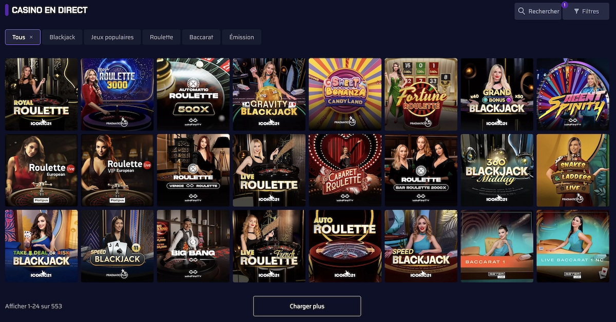 Catalogue du casino en direct Betory Casino affichant des tables de roulette, blackjack et baccarat avec croupiers en vid&eacute;o